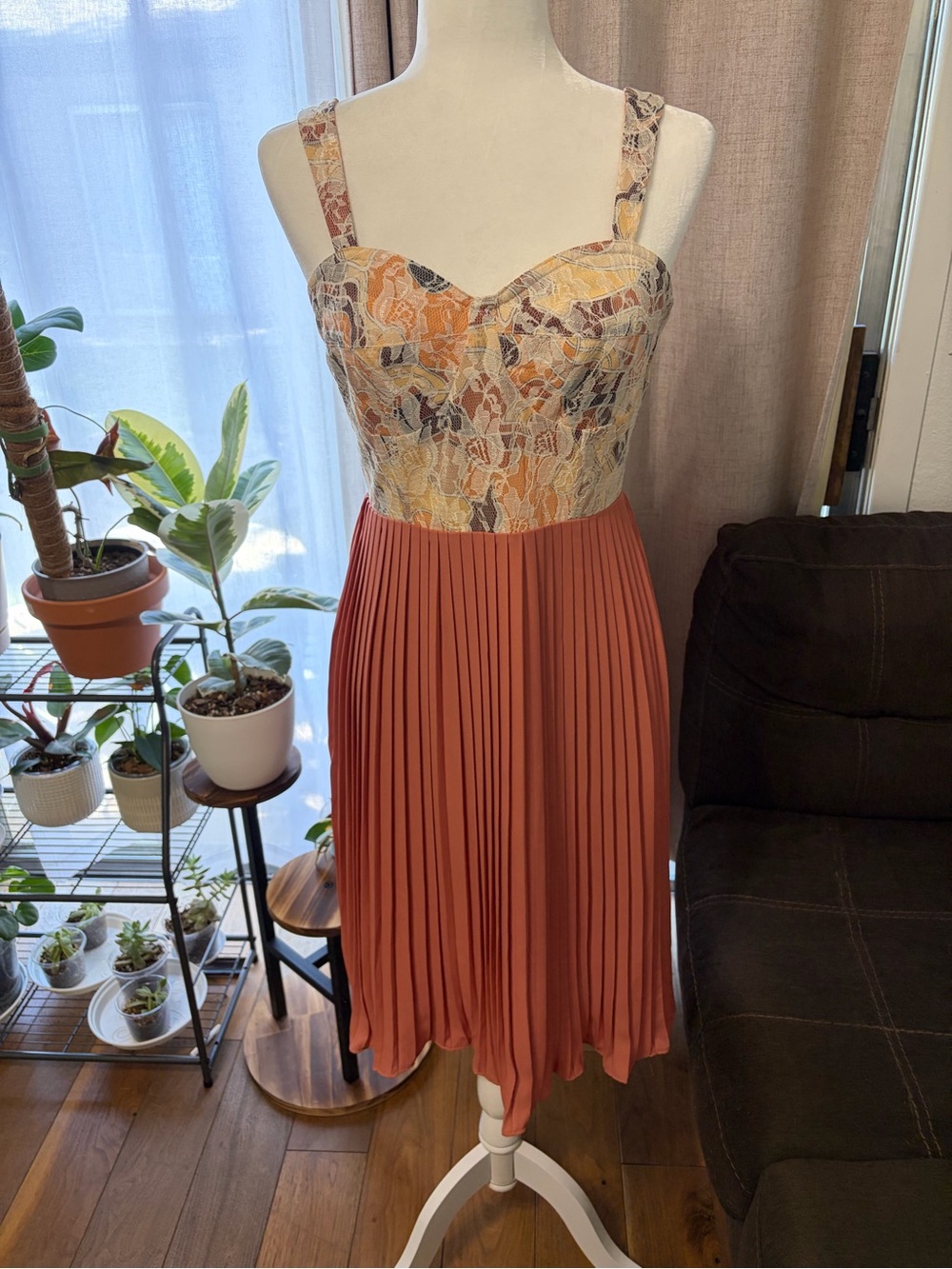 Pink Martini Floral Bustier & Rust Pleated Midi Dress